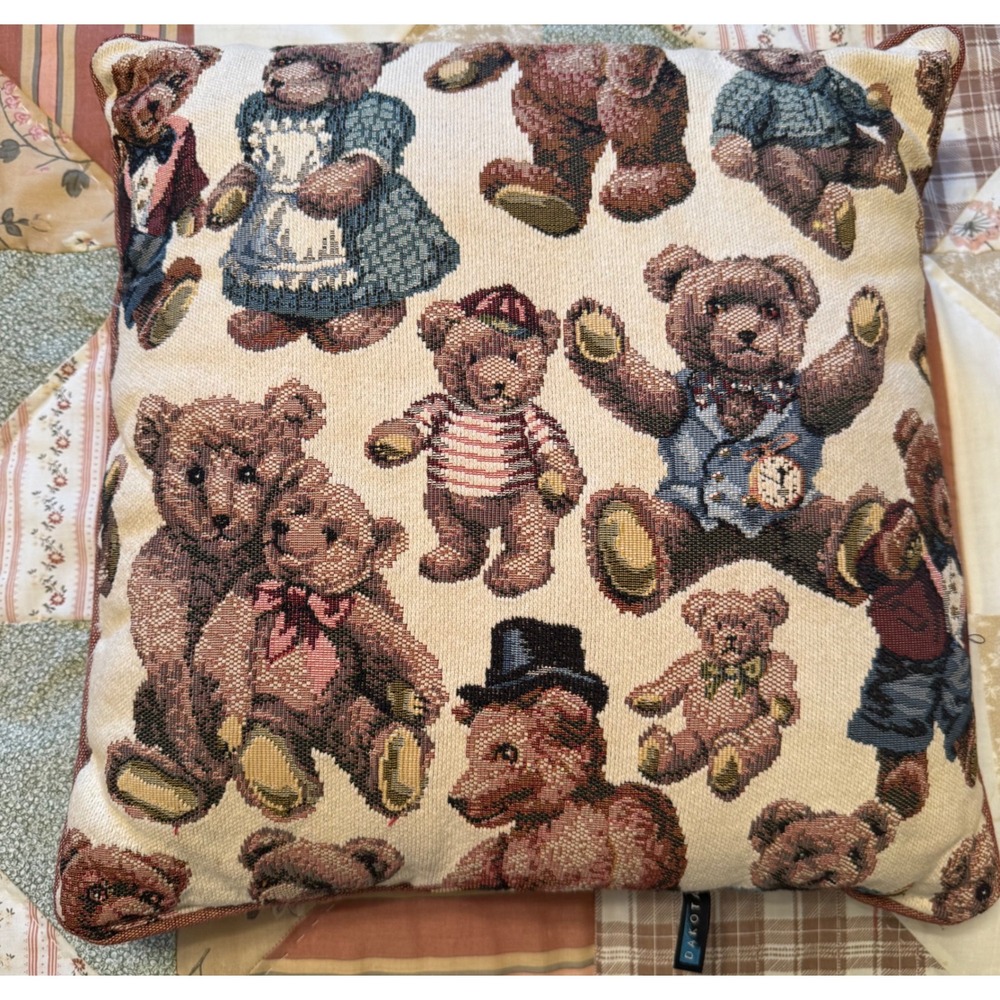Dakotah Vintage Teddy Bear Tapestry Throw Pillow 14x14 Cottagecore Nursery Decor